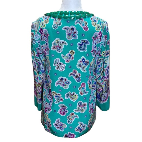 Tibi - Women’s Vintage Blouse, Paisley Silk Beading Tunic V-Neck - Green, Size 4 - Picture 3 of 16